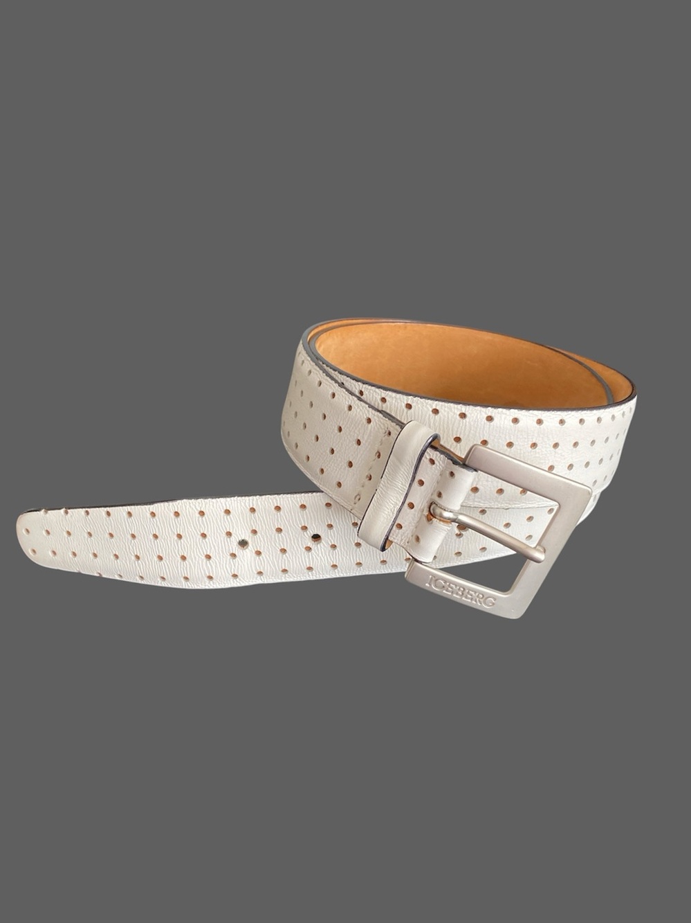 ICEBERG White Perforated Genuine Leather Women's Belt Size 46 Made In Italy